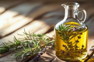bouteille en verre d’huile aromatisée avec herbes aromatiques.