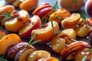 brochettes de fruits d’été rôtis (pêche, abricot, nectarine…) avec du romarin . une vraie photo non traitée et pas d efeft IA
