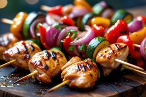 brochettes de poulets, légumes marinés, pour barbecue