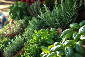 etalage d’herbes aromatiques au marché, de vraies herbes aromatiques, une vraie photo pas d effets IA