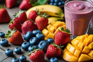 fruits découpés pour preparer des smoothies, avec des smoothies a coté. photo naturelle et non retouchée, de vrais fruits