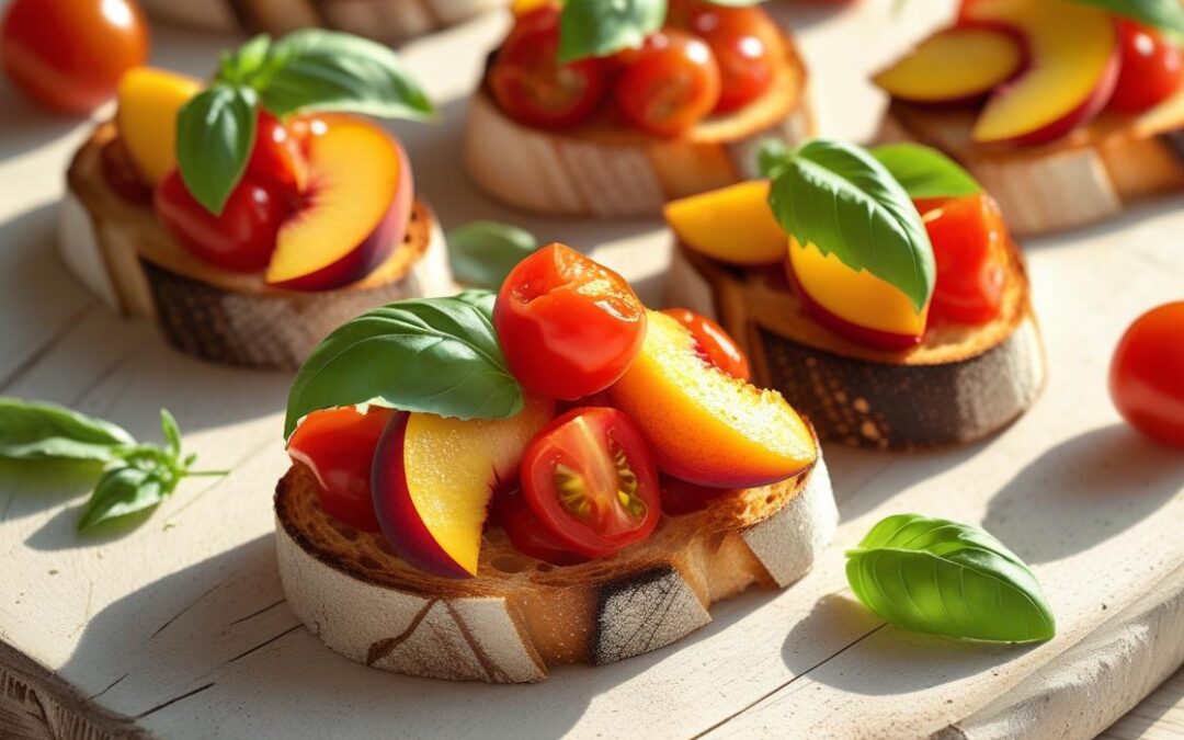 Les bruschettas estivales : Tomates cerises, basilic et pêches pour un apéro qui détonne !